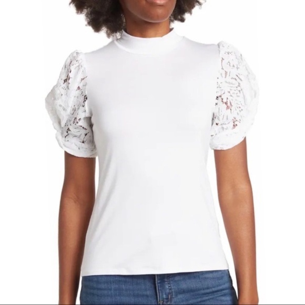 Philosophy White Lace Puff Short Sleeve Mock Neck Top Small NWT